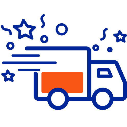 Ícono de entrega exprés con camión y estrellas.