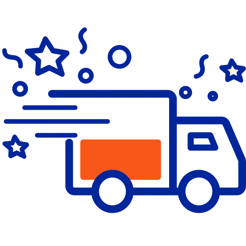 Ícono de entrega exprés con camión y estrellas.