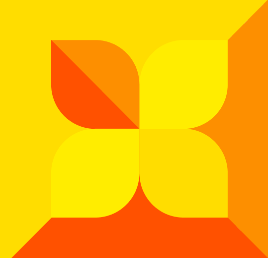 Logotipo abstracto con flor de cuatro pétalos en tonos amarillo y naranja.