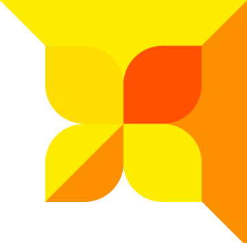 Logotipo abstracto con flor de cuatro pétalos en tonos amarillo y naranja.
