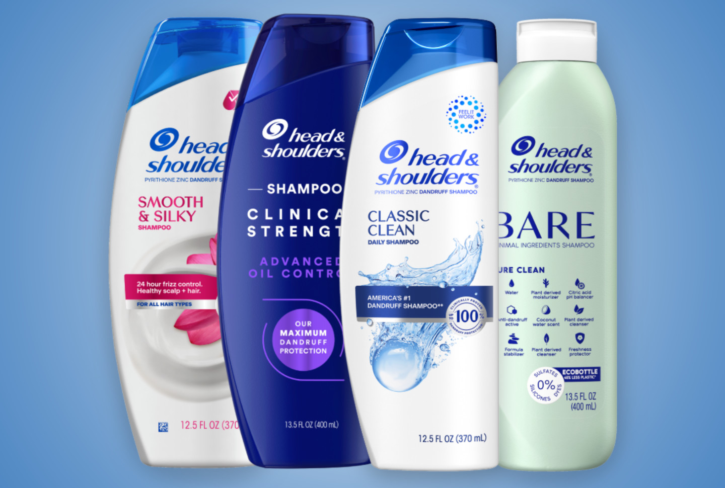 The leader brand in scalp care Head & Shoulders Smooth & Silky Shampoo, Clinical Strength Shampoo, Classic Clean Shampoo and Bare Minimal Ingredients Shampoo, all dermatologist trusted, in front of a blue background The leader brand in scalp care Head & Shoulders Smooth & Silky Shampoo, Clinical Strength Shampoo, Classic Clean Shampoo and Bare Minimal Ingredients Shampoo, all dermatologist trusted, in front of a blue background