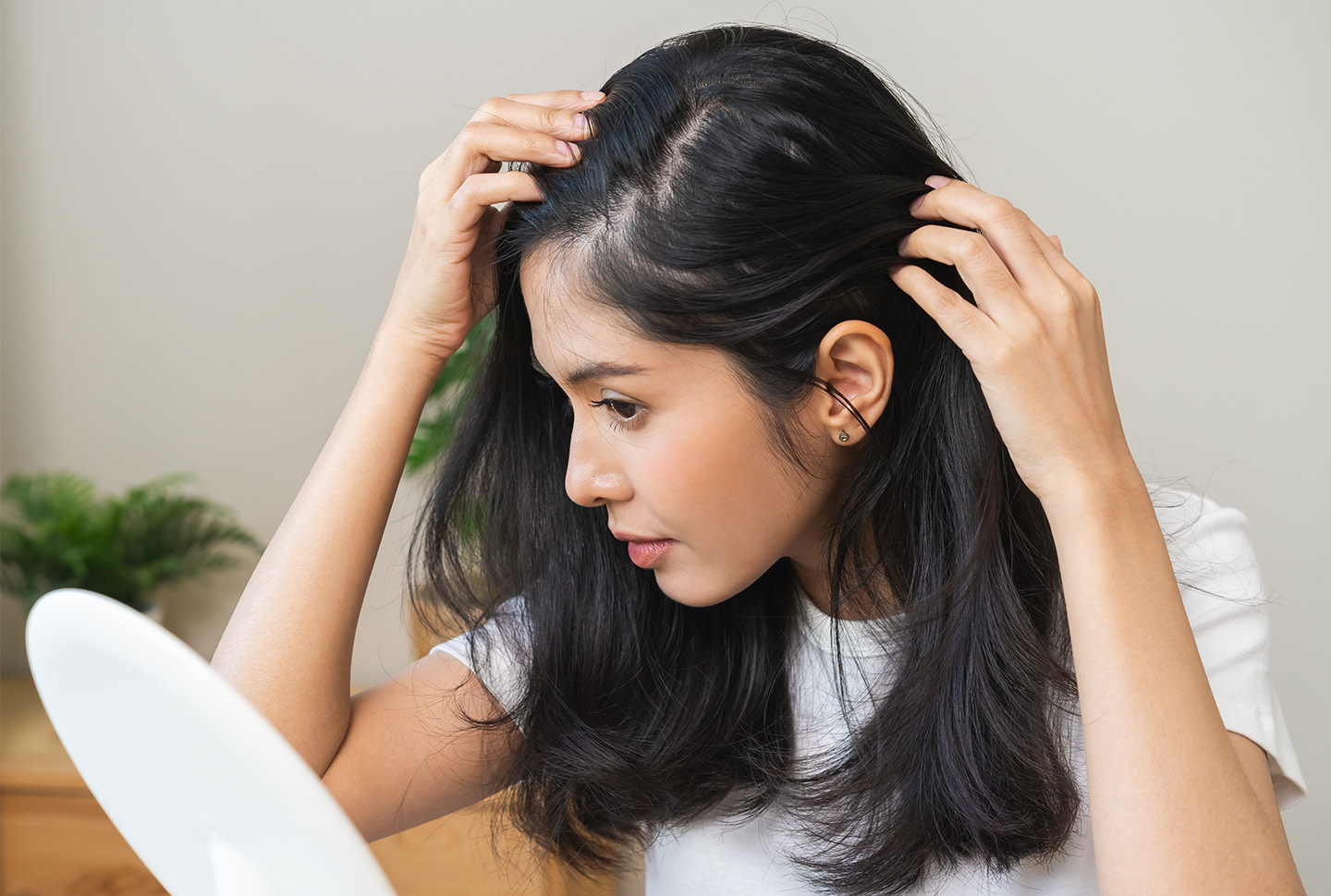 Dark haired girl in white t-shirt looking at scalp in mirror for dandruff. Dark haired girl in white t-shirt looking at scalp in mirror for dandruff.