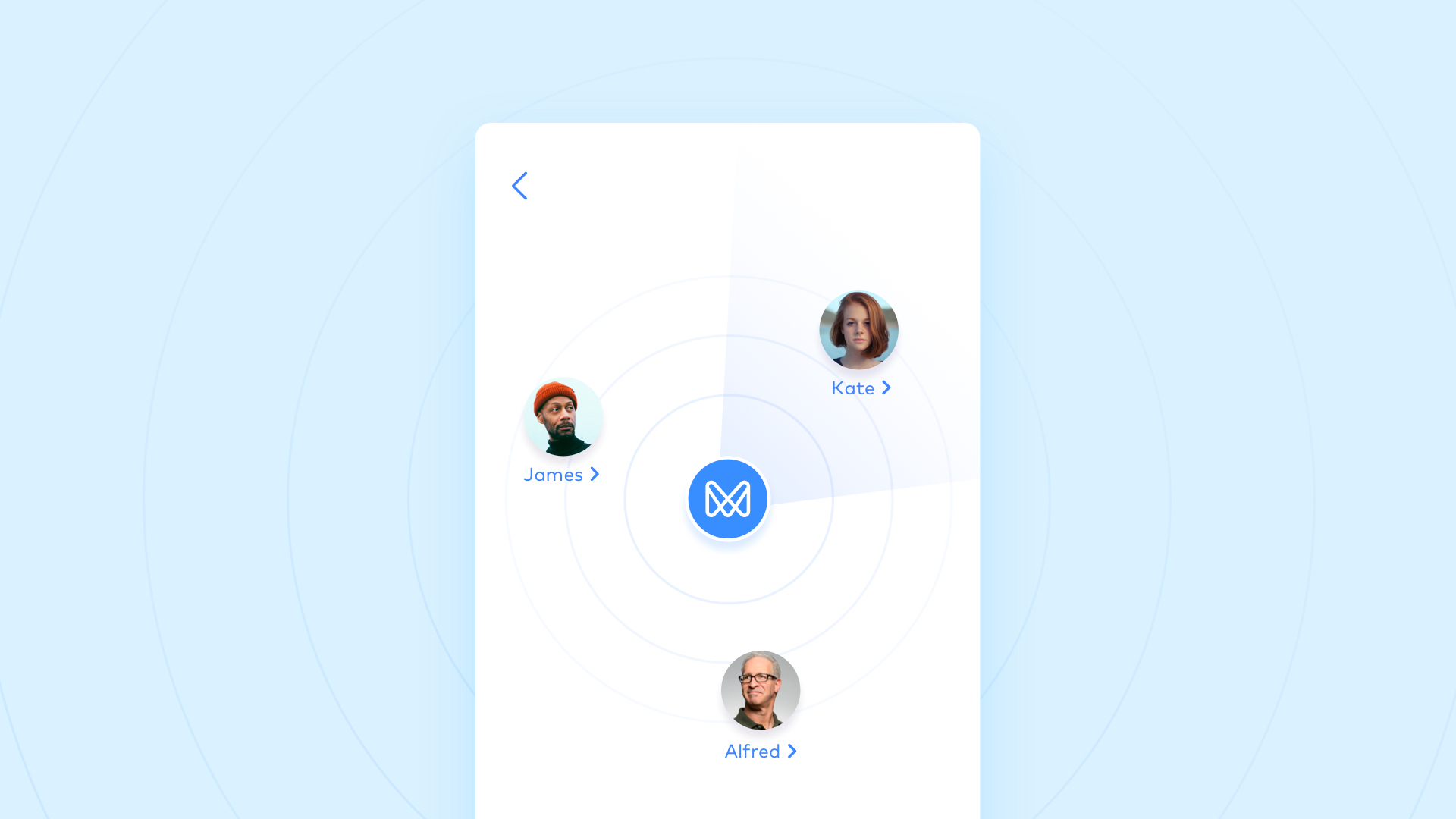 Obrazovka v aplikaci hledání přátel pomocí Bluetooth na Monese