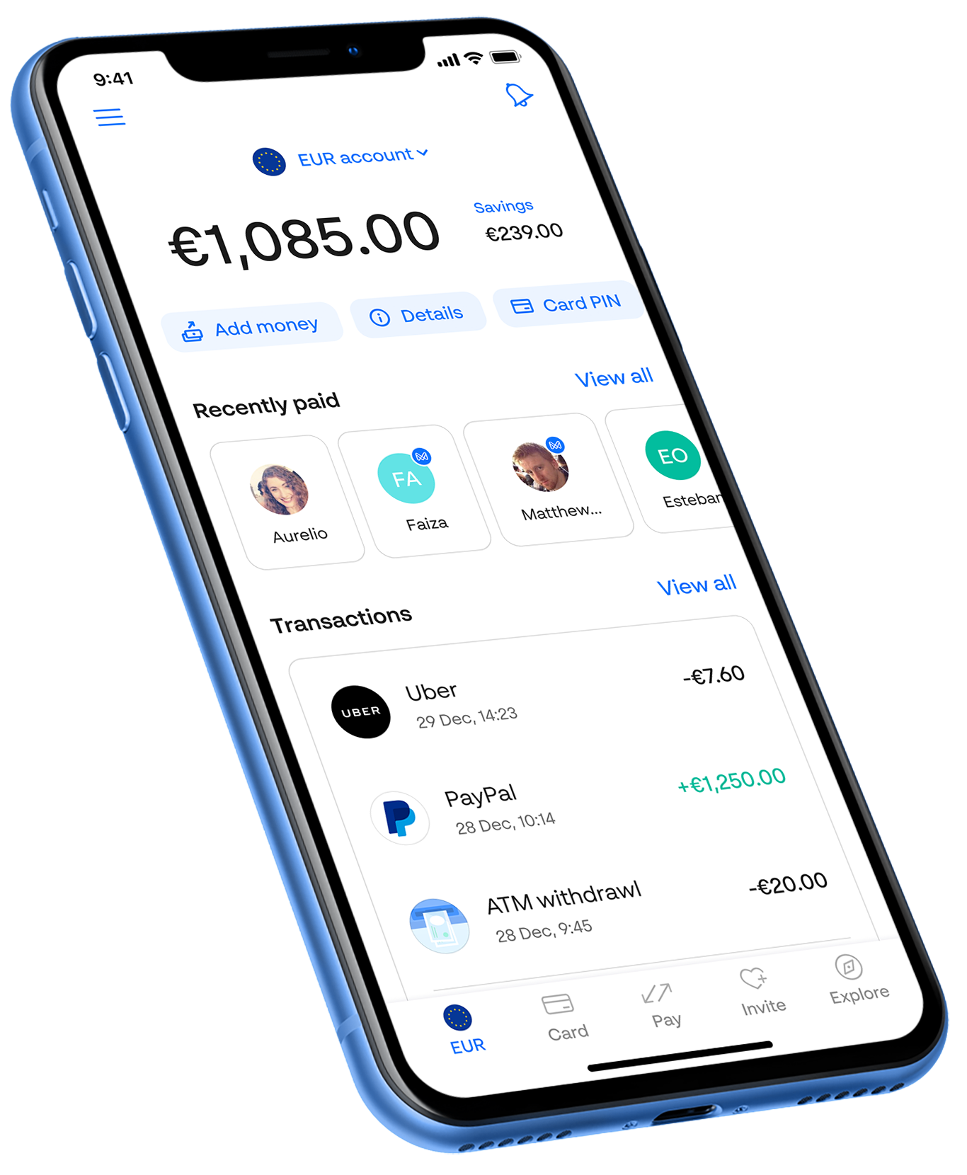 Open an instant mobile euro account to start spending, sending and saving