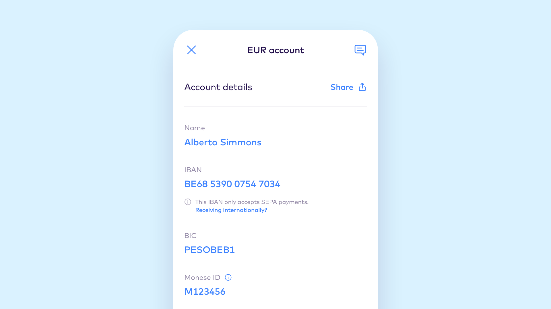 EUR IBAN account number screen