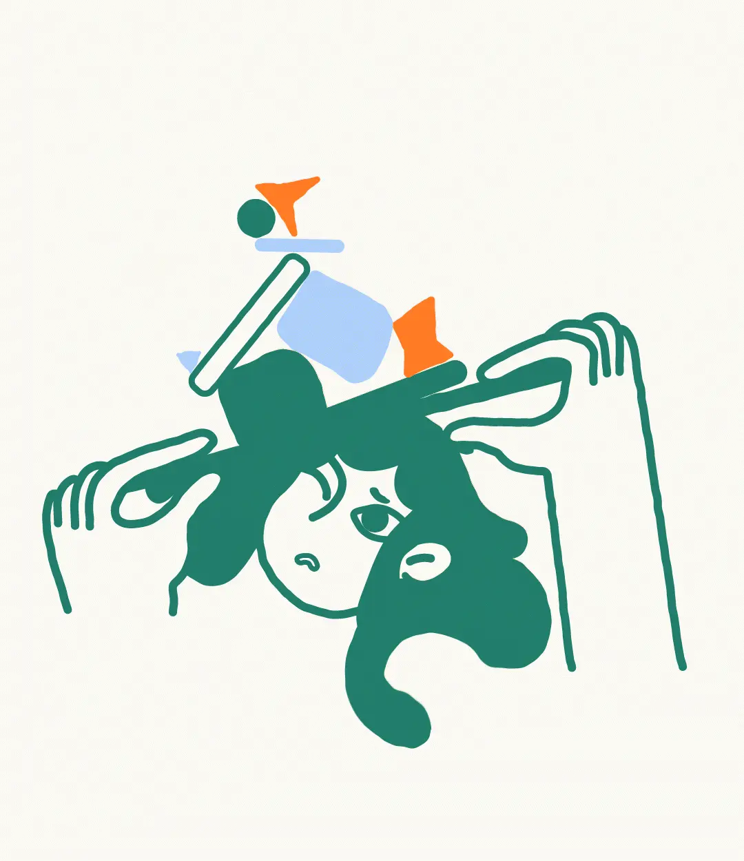A drawn person holds their head while cups and shapes float overhead.