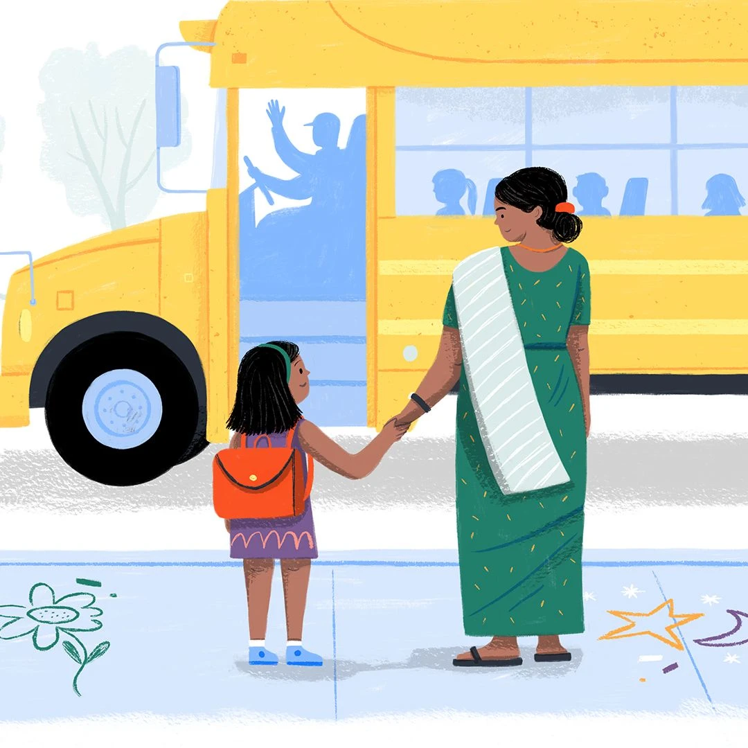 mother and child waiting for school bus