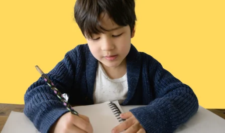 Boy writing on notebook