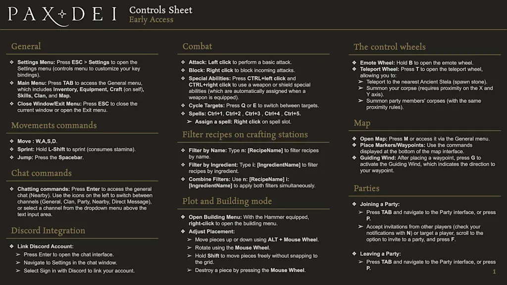 Pax Dei Controls sheet - EA part 1