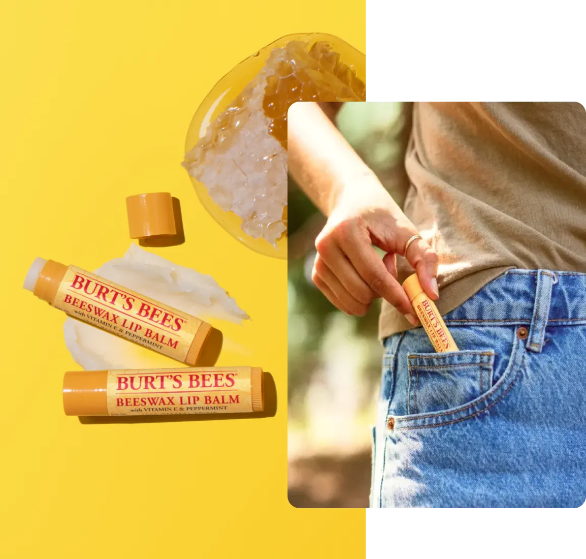 lip balms and person putting lip balm in pocket