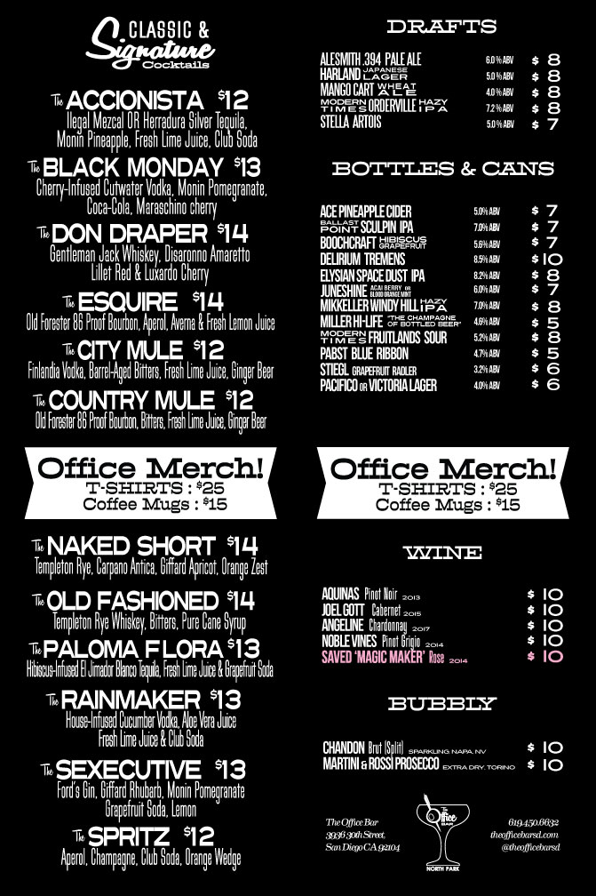 Drink menu for The Office