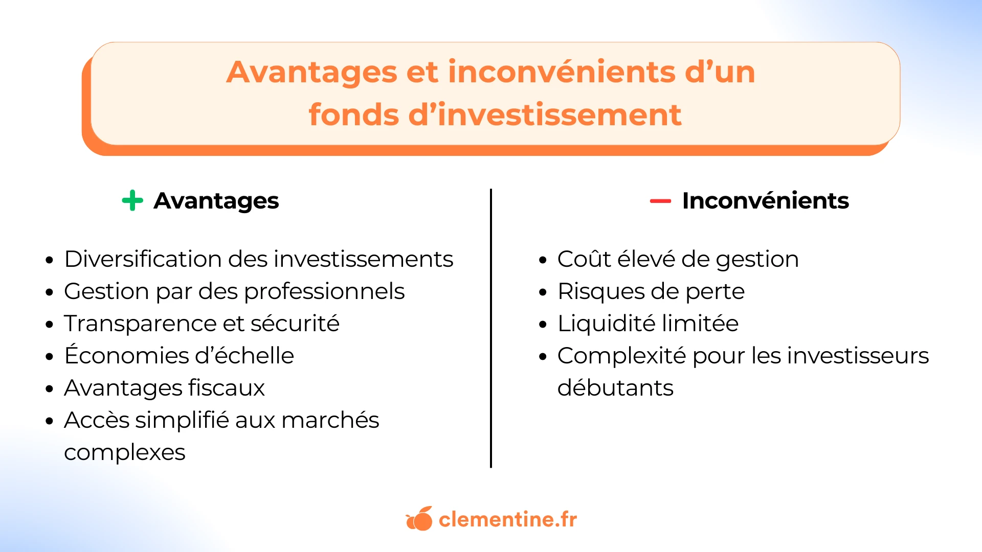 Liste explicative des avantages et des inconvénients d'un fonds d'investissement