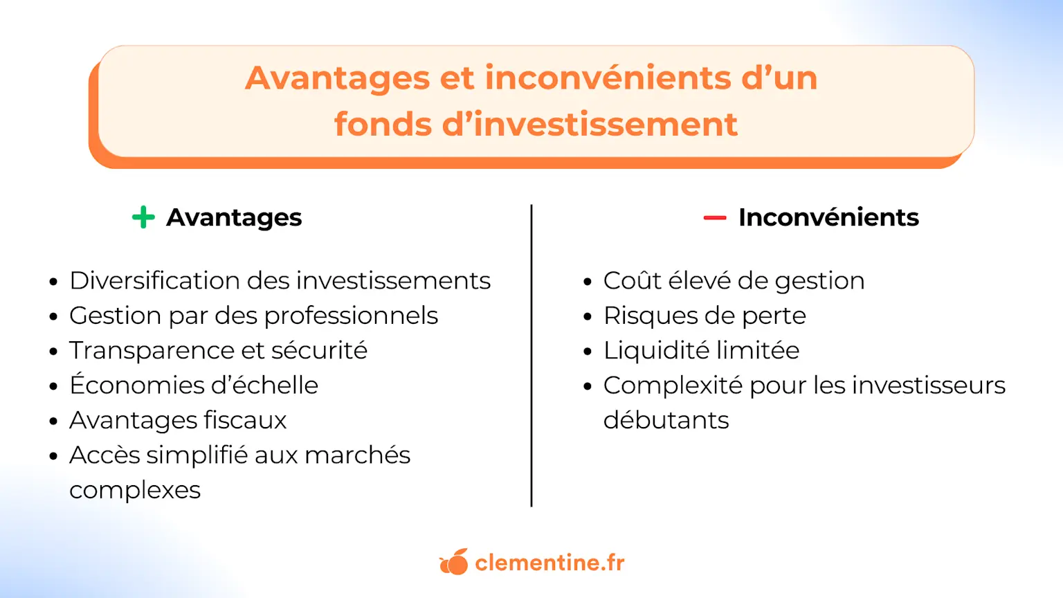 Liste explicative des avantages et des inconvénients d'un fonds d'investissement