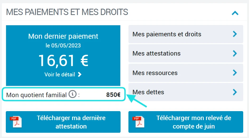screenshot qui montre où trouver son quotient familial