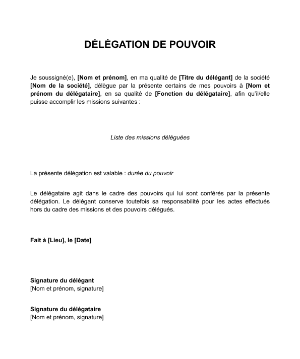 Modèle d'un contrat de délégation de pouvoir