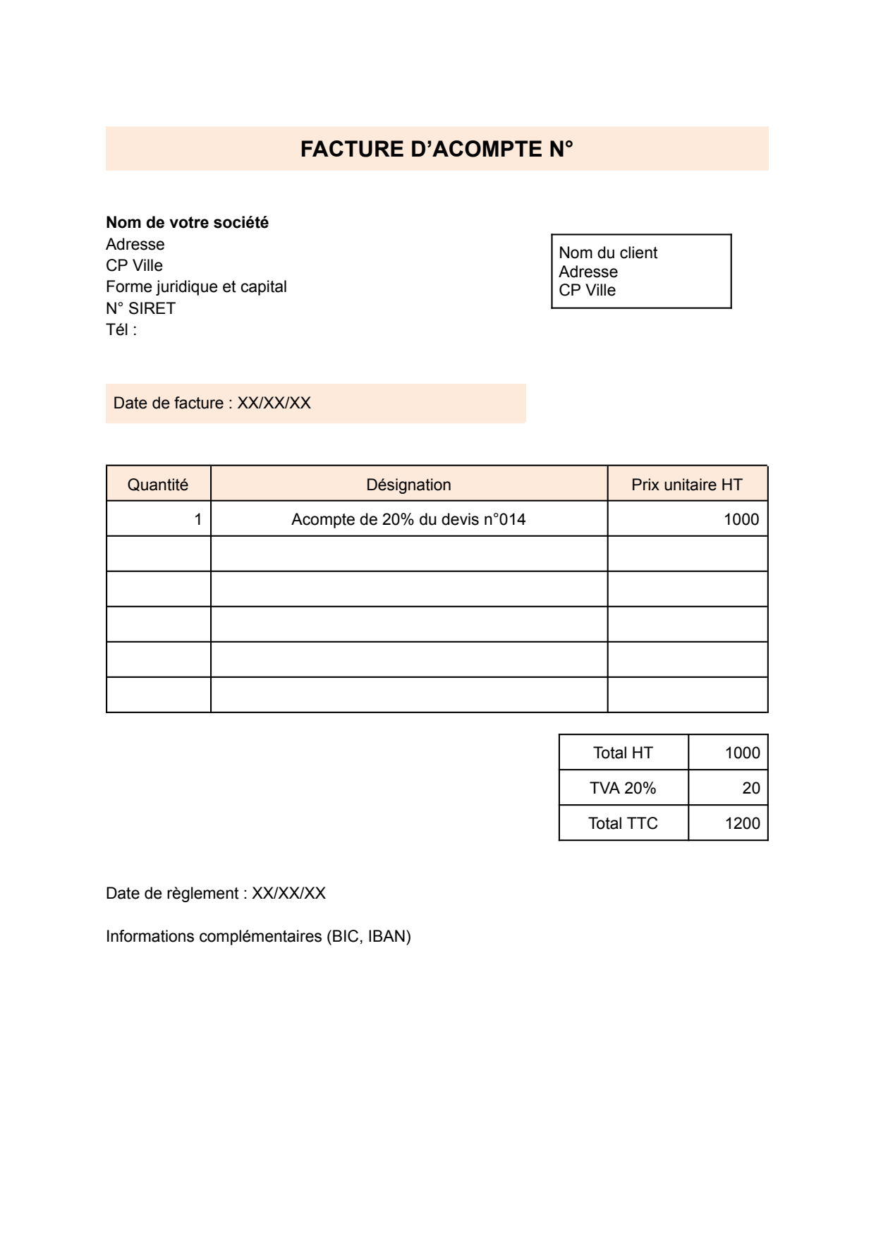 Modèle de facture d'acompte