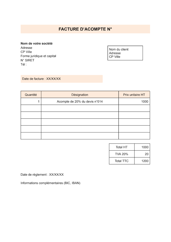 Modèle de facture d'acompte
