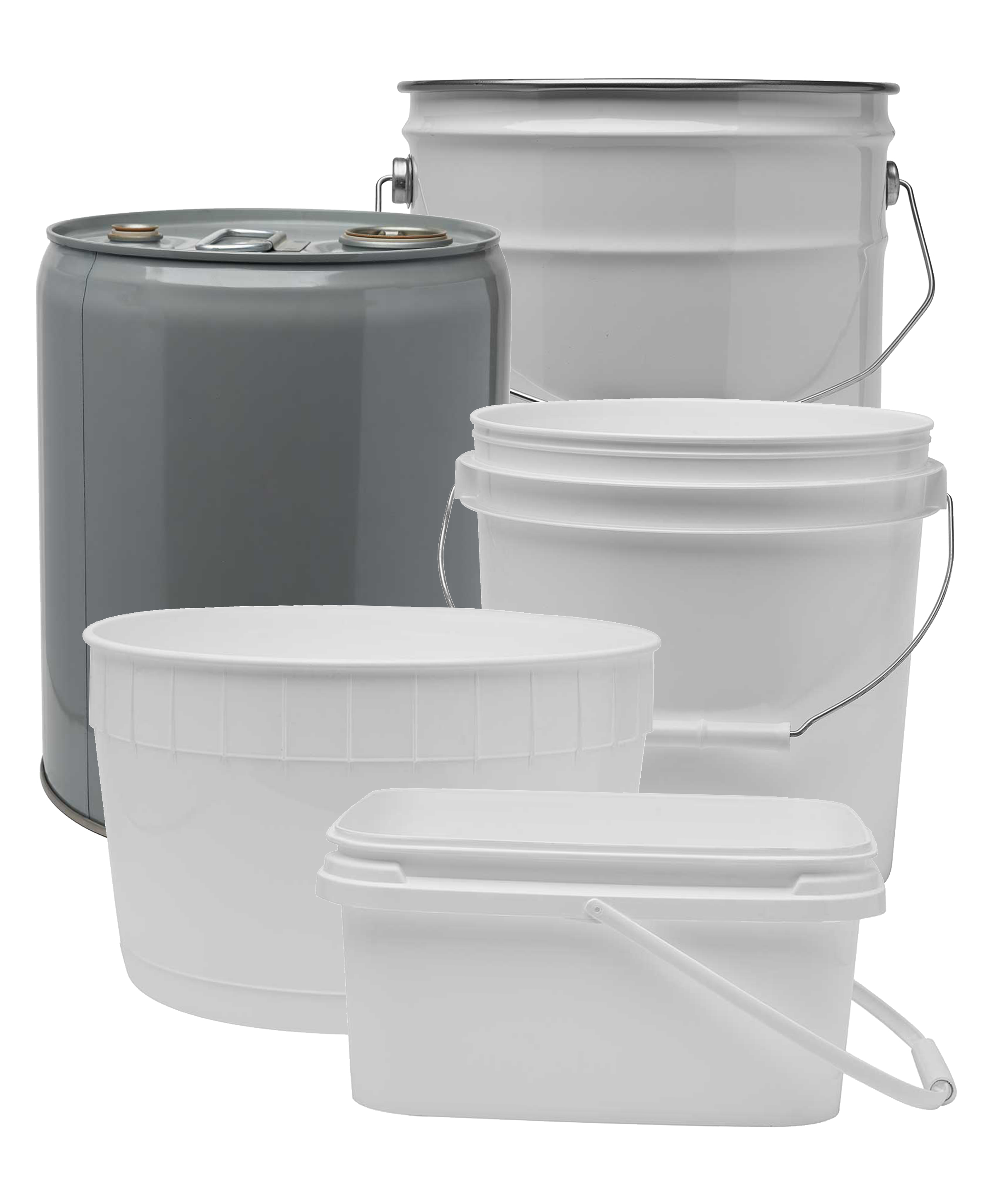 Image of pails family featuring gray metal tight head pail, white open head pail, plastic open head pail, dairy pail, and rectangular pail