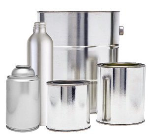 Group of metal packaging including metal paint cans, an aerosol can, and an aluminum beverage bottle