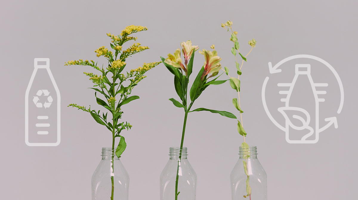 plastic bottles with flowers represent recycling and sustainability