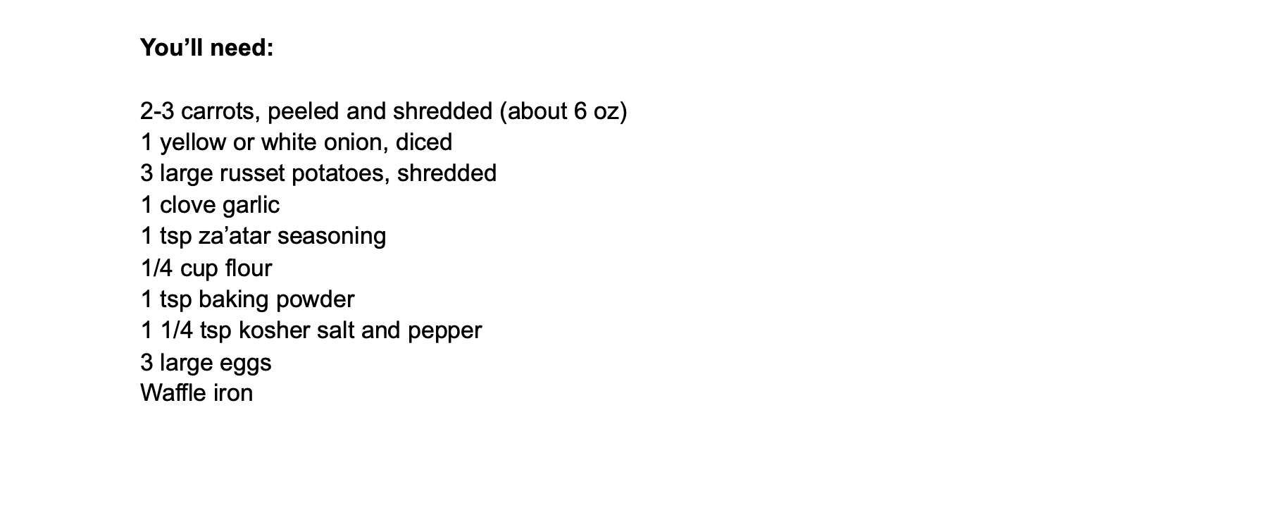 Description of ingredients needed to make latkes. 