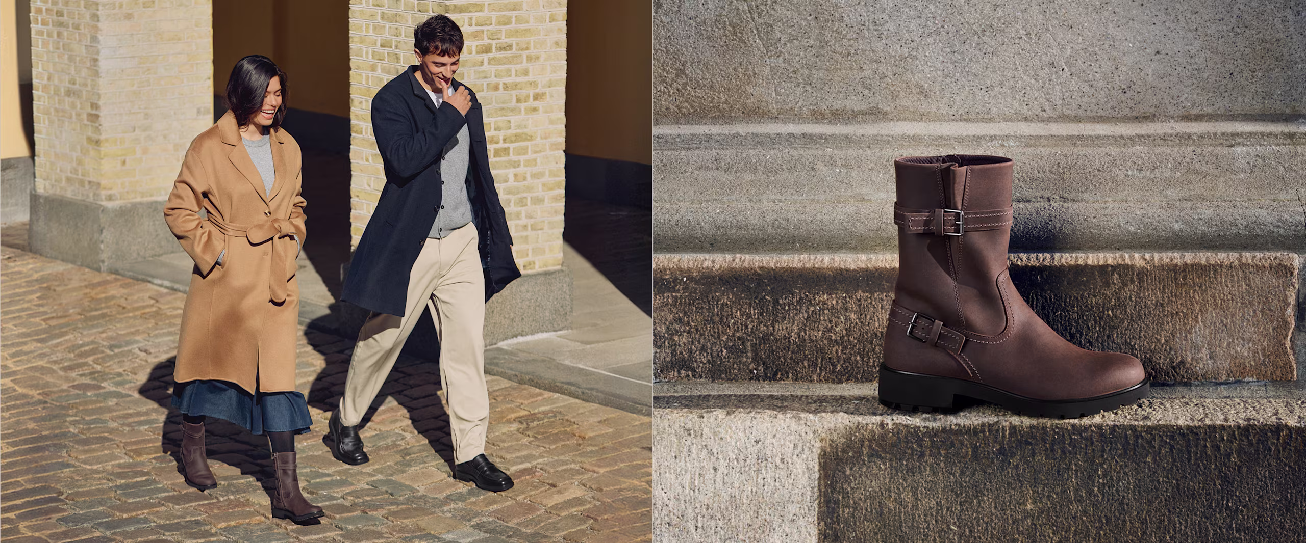 Wadenhohe ECCO Damenstiefel aus braunem Leder mit Schnallenriemen auf Steinstufen.
