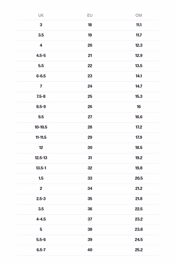 ECCO kids' shoe size conversion guide displaying UK, EU, and CM measurements in a horizontal desktop format.