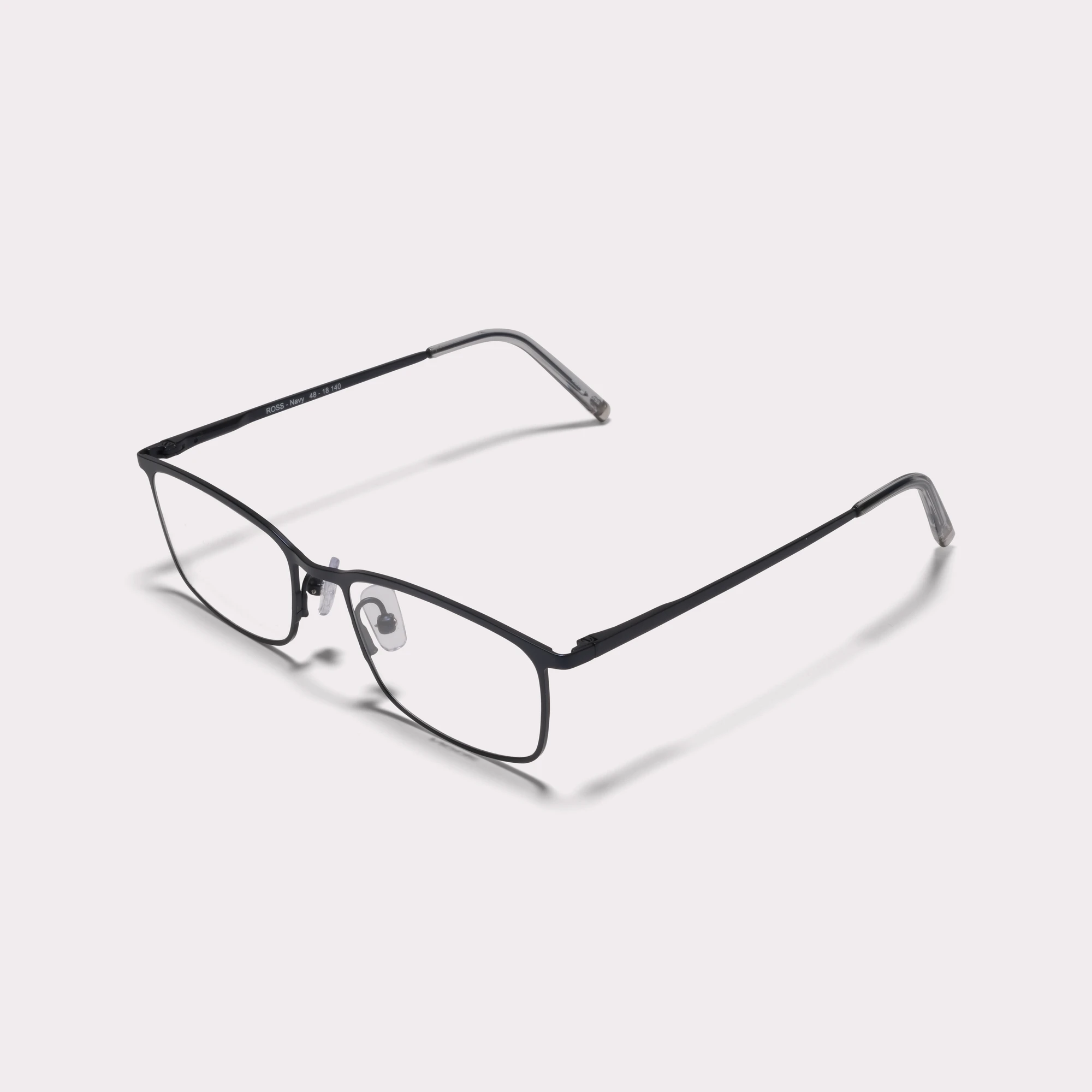 A pair of Ross Navy Prescription glasses  seen from the side