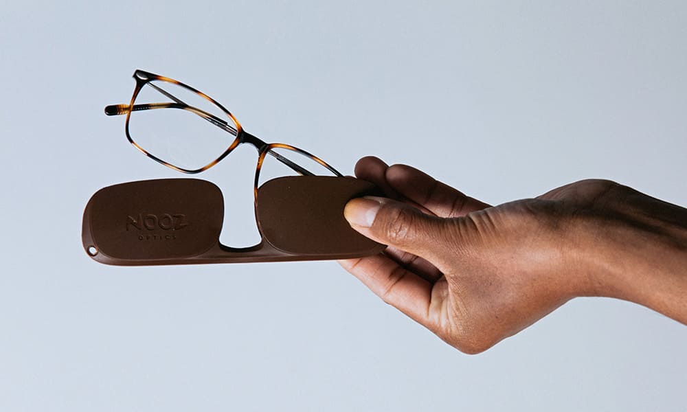 Reading glasses in its carrying case and put forward in the hands of a woman