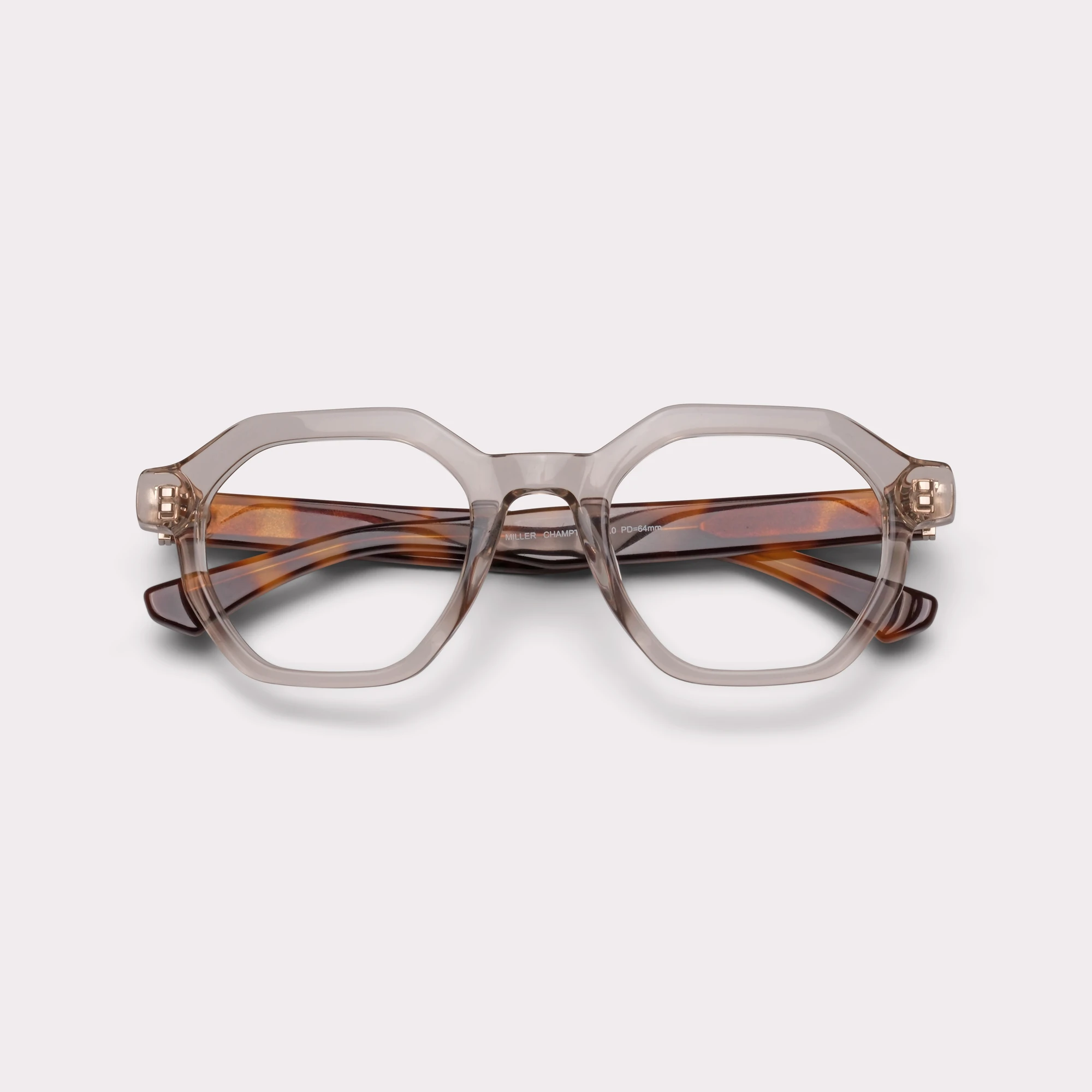 A pair of Miller Champagne tortoise Multi-distance™ blue light blocking reading glasses folded