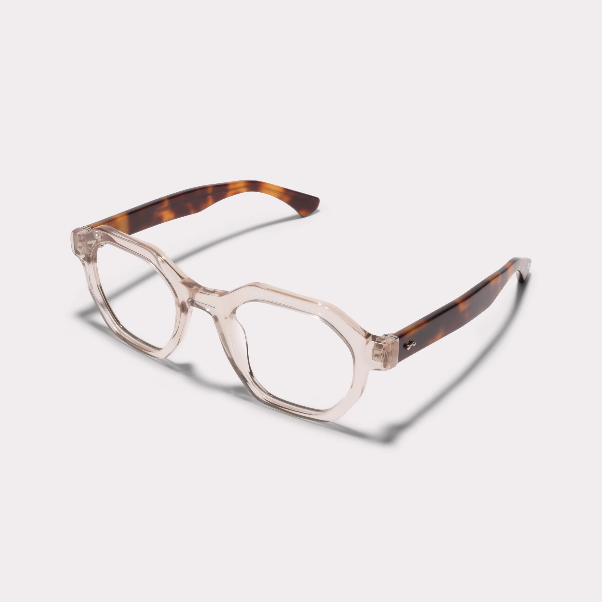 A pair of Miller Champagne tortoise Multi-distance™ blue light blocking reading glasses seen from the side