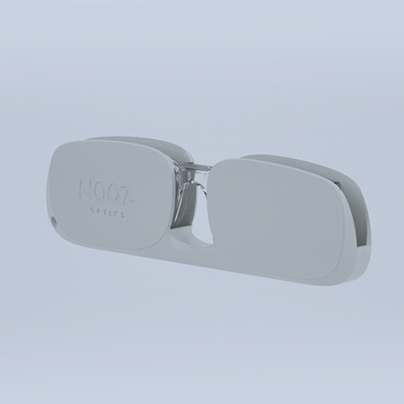 Blue anti-light glasses in its gray transport case