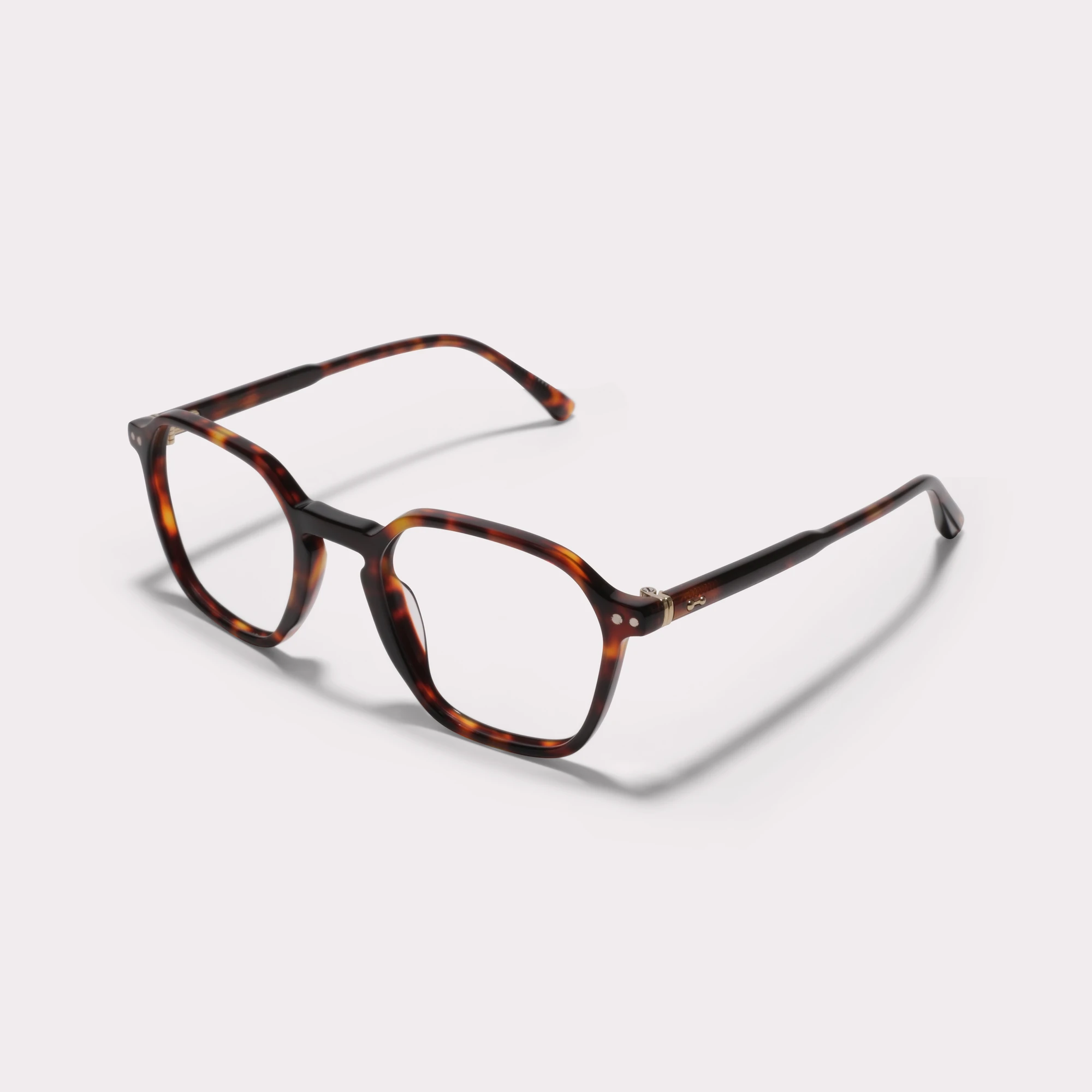 A pair of Aaron Tortoise Prescription glasses seen from the side