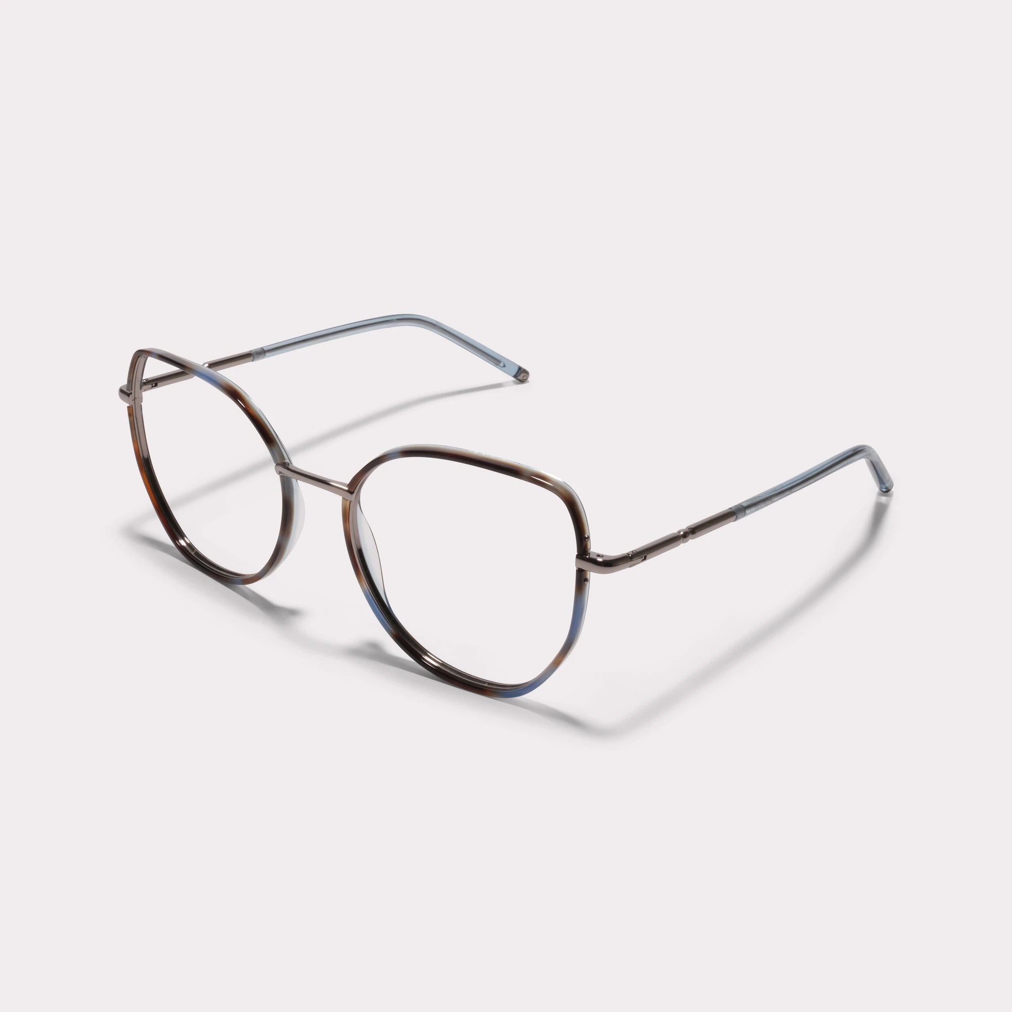 Um par de Eden Tortoise azul Óculos graduados vista de lado