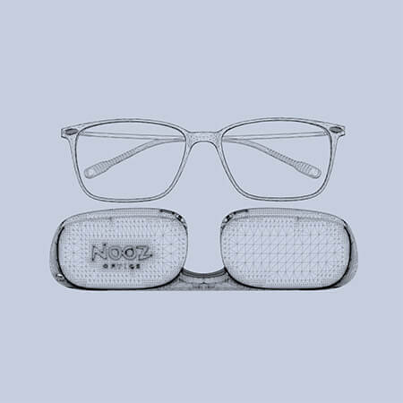 Essential reading glasses with their gray color transport case