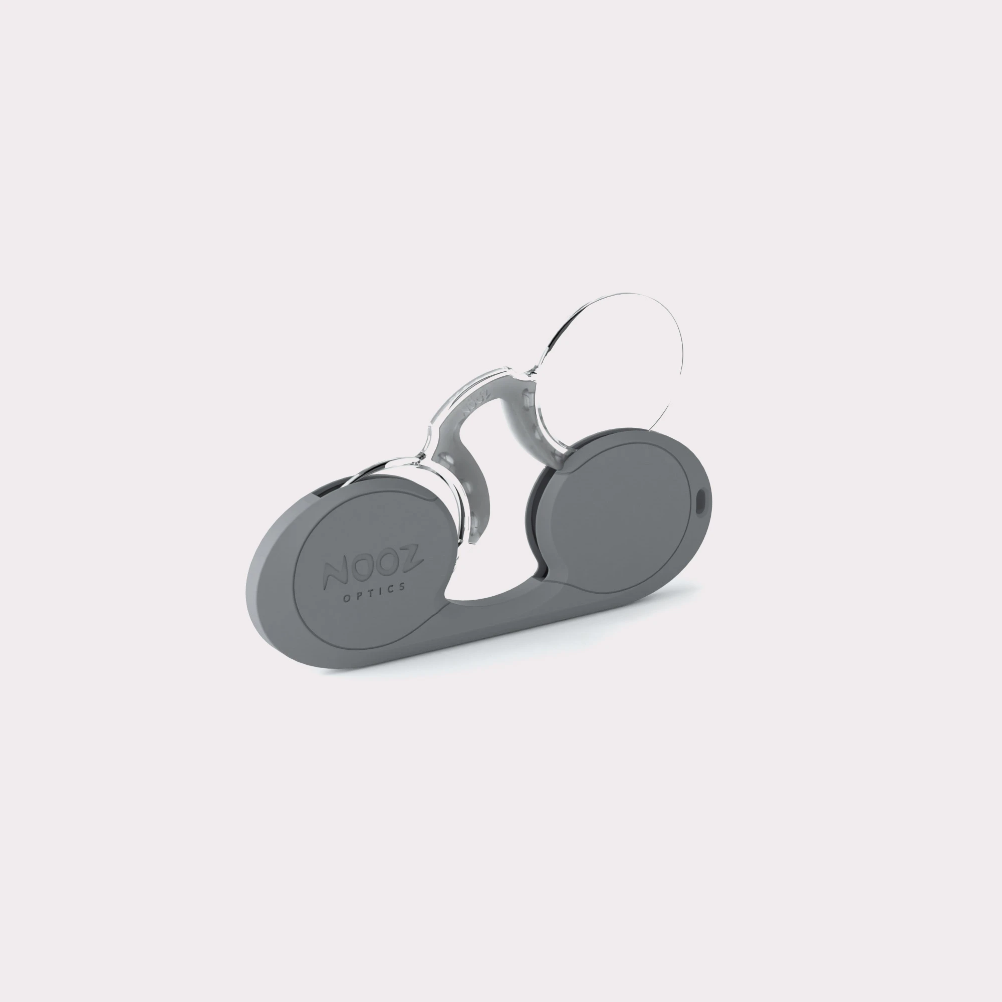 A pair of Oval Grey Reading glasses coming out of its case