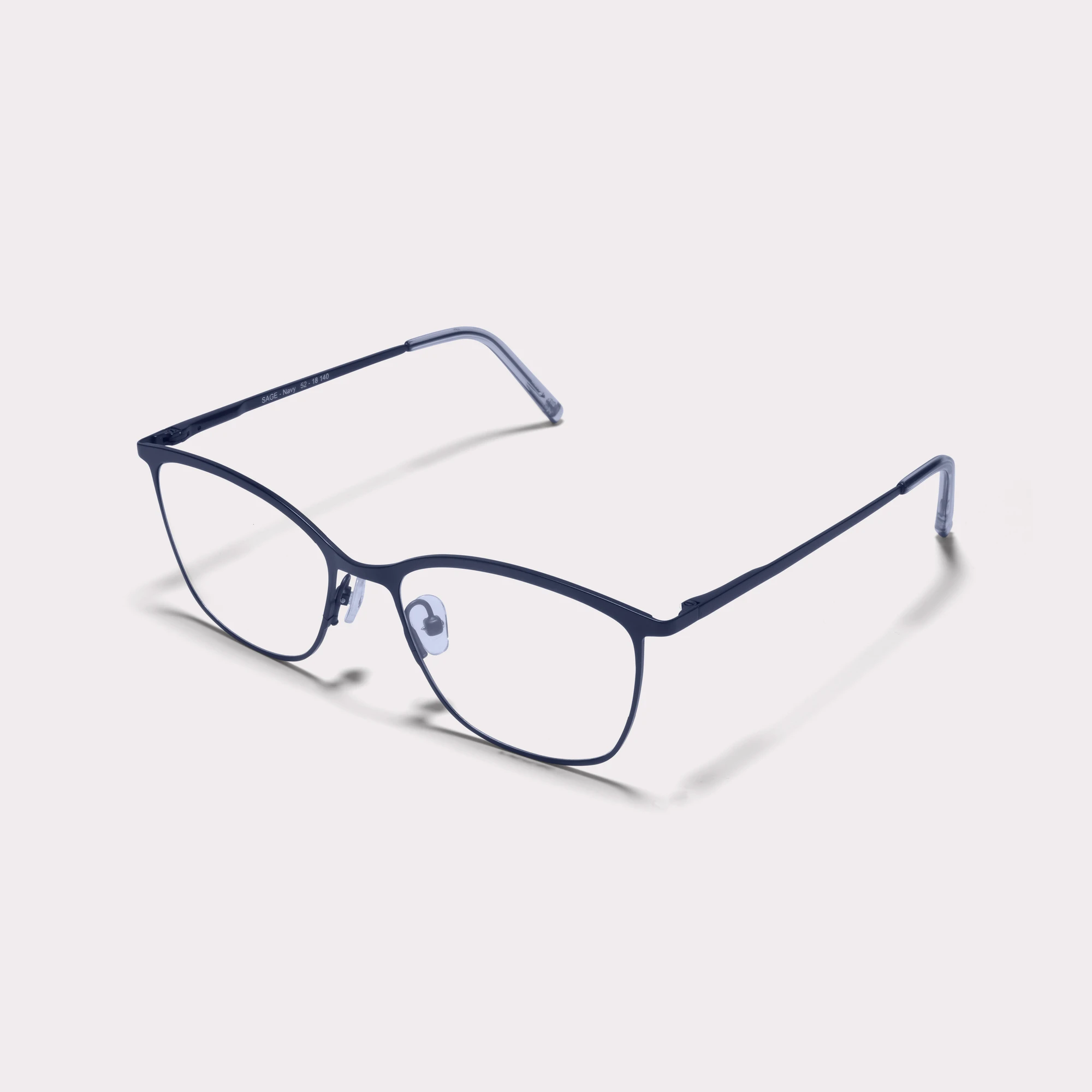 A pair of Sage Navy Prescription glasses  seen from the side
