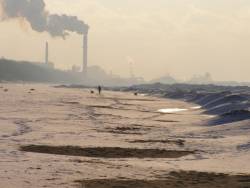 Factories line the lake shore