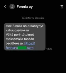Huijausviesti, jossa kehotetaan maksamaan erääntynyt vakuutusmaksu tänään linkin kautta.