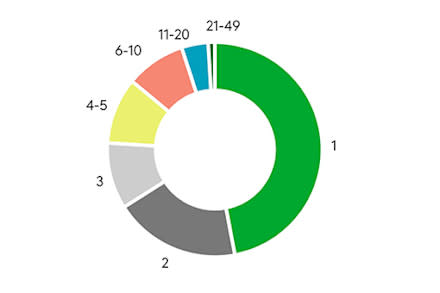 De allra flesta transportföretag är små och har 1–3 lastbilar eller skåpbilar. Det finns bara en handfull stora företag med mer än 100 fordon. Källa: SKAL branschöversikt 2021