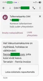 Huijausviesti, jossa kehotetaan maksamaan myöhästynyt vakuutusmaksu välittömästi linkin kautta.