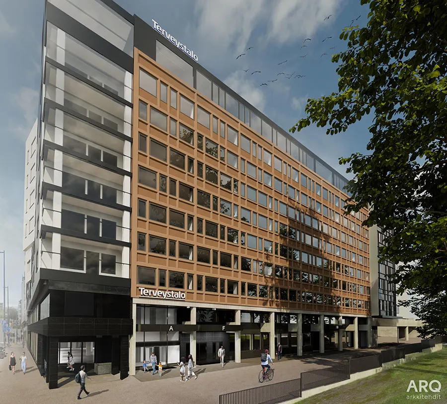 Illustrationsbild av det moderniserade Posthuset i stadsmiljö. En lång byggnad med glasfasader och ett kopparbrunt rutmönster, med skyltar som visar “Terveystalo”. På gatunivå syns entréer samt fotgängare och en cyklist framför byggnaden. Till höger ramar ett lummigt träd in bilden, och på himlen flyger en flock fåglar.