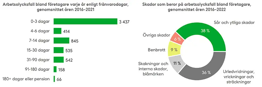 Mera än en tredjedel av frånvaro som beror på arbetsolycksfall bland företagare pågår längre än en vecka och varje år inträffar det mera än 700 fall av frånvaro som pågår längre än en månad. Bland företagare förekommer lindrig frånvaro betydligt mera än bland arbetstagare. För år 2022 finns ännu inga uppgifter om allvarligheten. Skadorna till följd av olycksfall är ofta sår, urledvridning och vrickningar, men även till exempel skelettbrott inträffar i genomsnitt i mera än 500 fall per år. Källa: Olycksfallsförsäkringscentralen