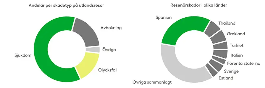 De flesta resenärskador är olika typer av sjukdomar, särskilt förkylning, magsjukdomar och öroninflammationer. Resenärskador anmäls särskilt på resor till Spanien under vintermånaderna. Källa: Fennia