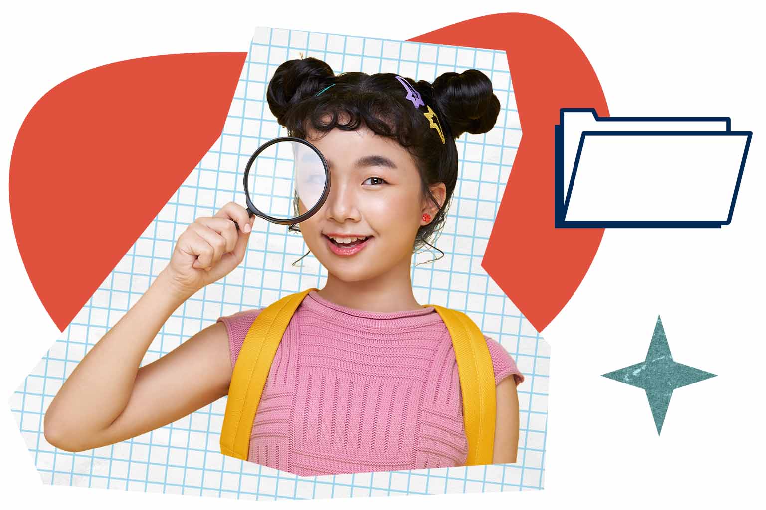 Smiling girl wearing a yellow backpack and looking at the viewer through a magnifying glass.