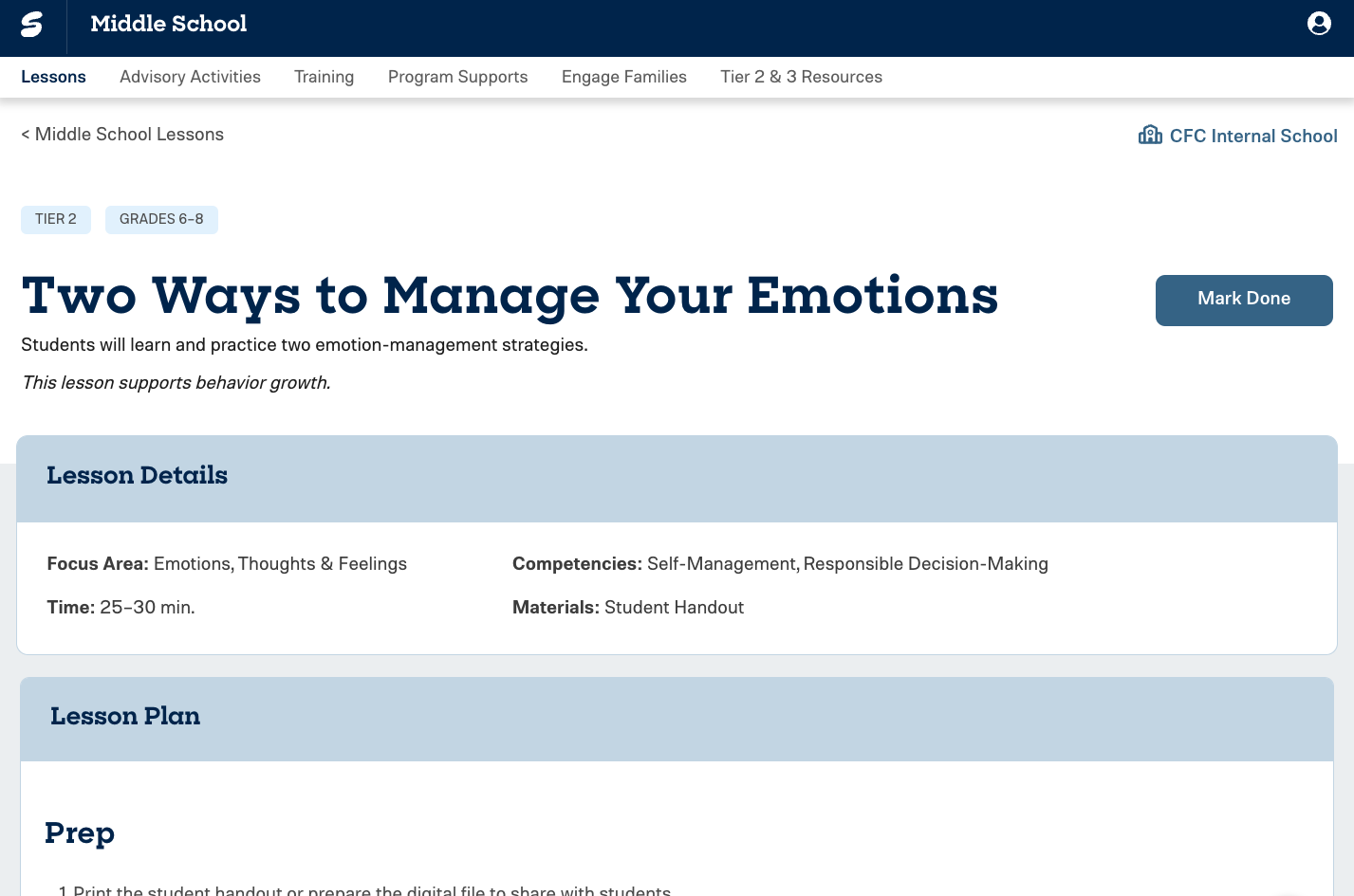 middle school lesson plan to manage emotion-management strategies