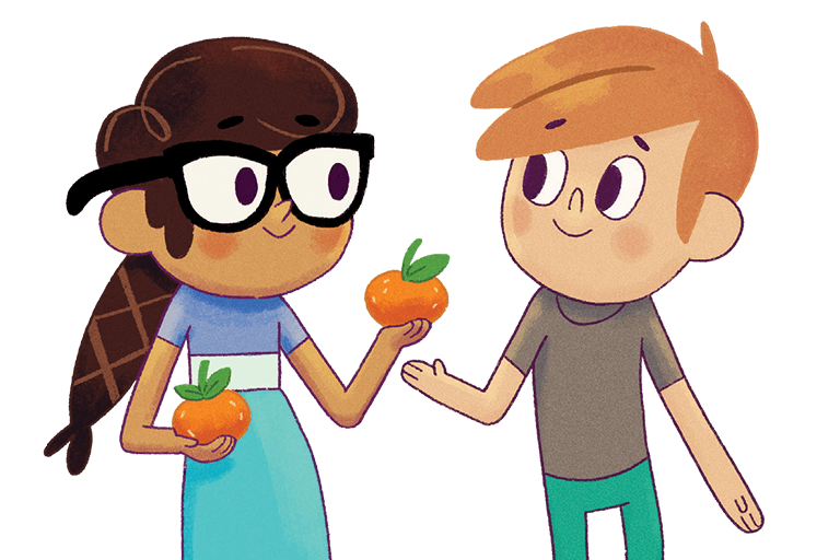 illustration of two children sharing oranges