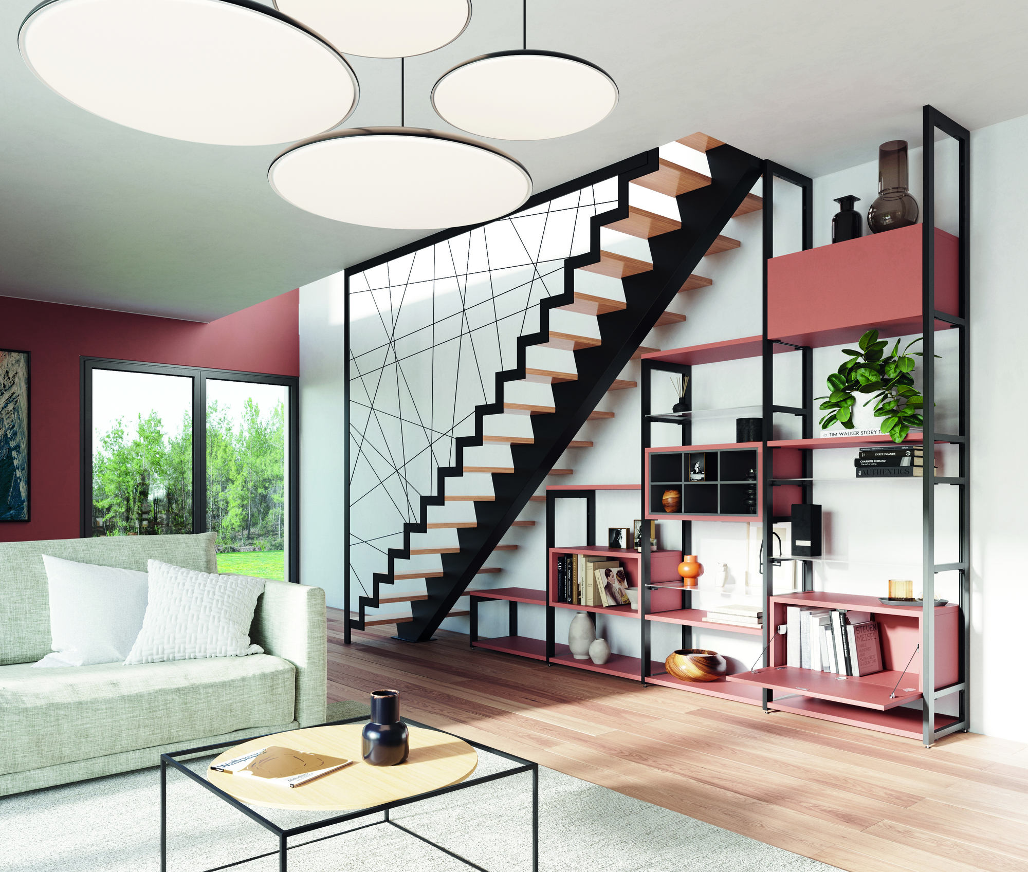 idee-bibliotheque-sous-escalier-terracotta