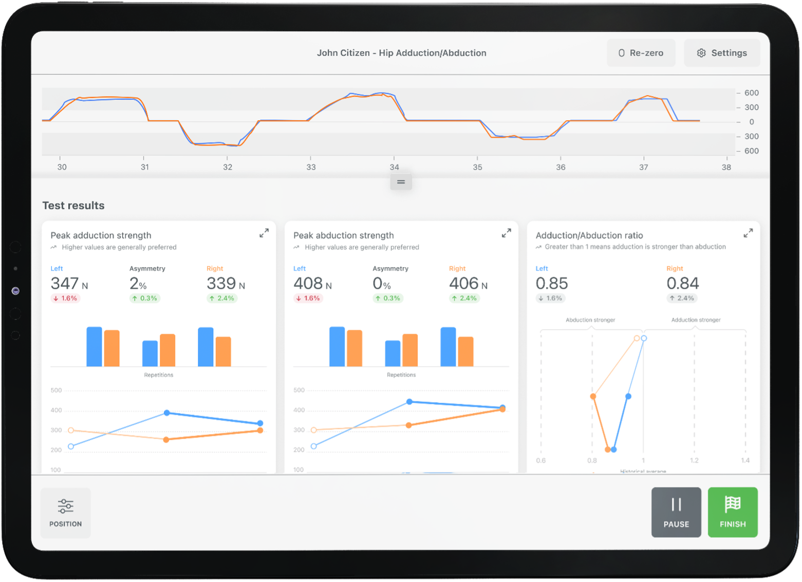 The ForceFrame app’s new testing interface showing real-time, rep-by-rep and historical data in a single view.