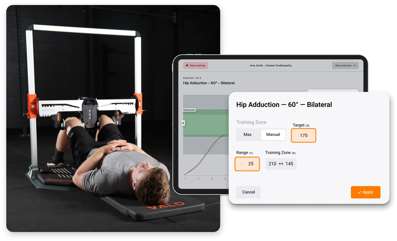 An athlete using ForceFrame’s Training Mode to adjust Training Zone within their set to optimize performance and recovery.